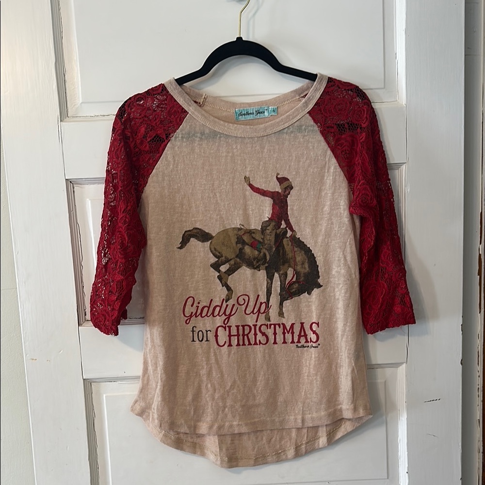 Southern Grace Red and Cream Blouse with Graphic Design